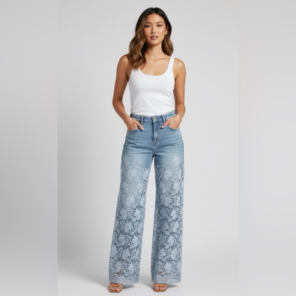 Luvly Denim - Women's Blue Lace Luvly Wide-Leg Lace Floral Jeans Size Medium Waist 32
